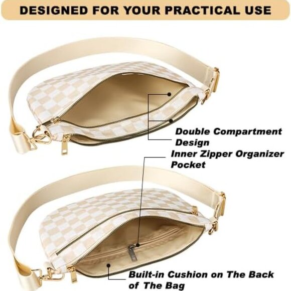 Checkered Beige White Crossbody Bag for Women, Stylish & Lightweight - Picture 4 of 7